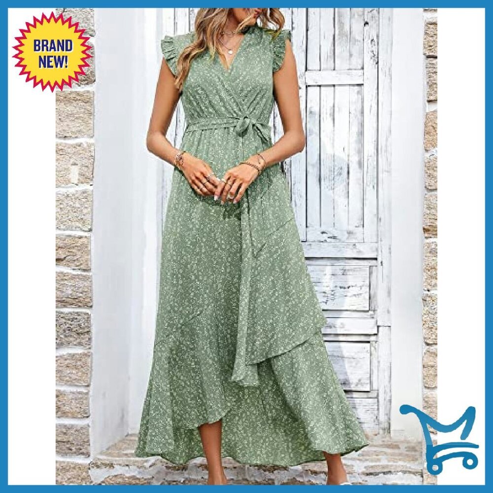 Floral Maxi Dress Wrap V-Neck Ruffle Sleeve Formal Wedding Guest - Picture 5 of 8